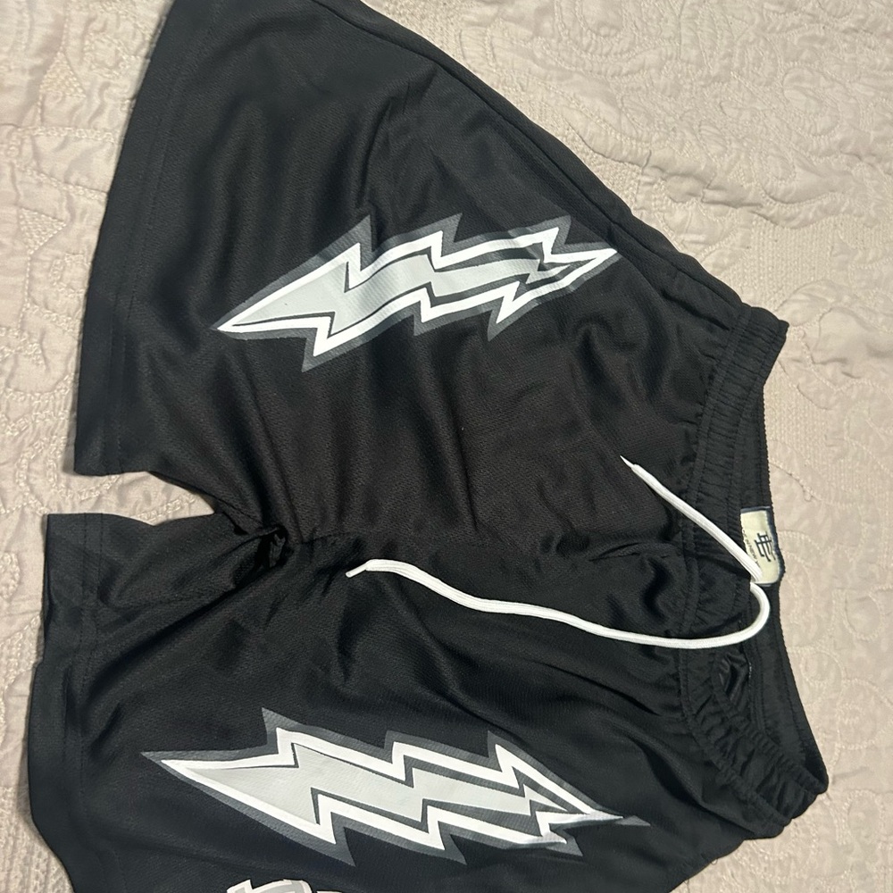 Eric Emanuel Black and White Athletic Shorts with Lightning Bolt Design